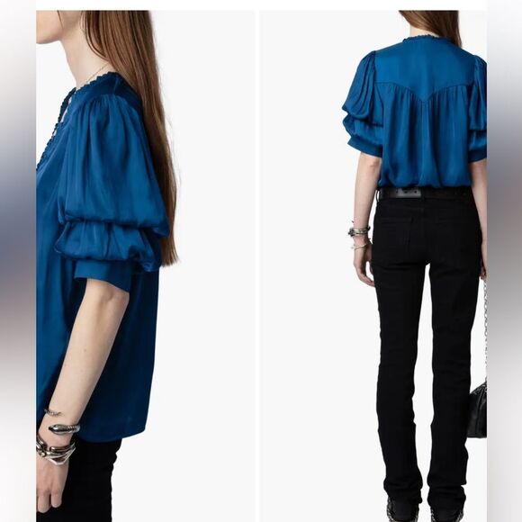 $278 Zadig & Voltaire Taste Bubble Sleeve Satin Top NWT FLAWED - Picture 2 of 12